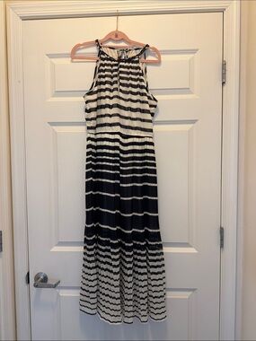 Black and White Striped Halter Maxi Dress